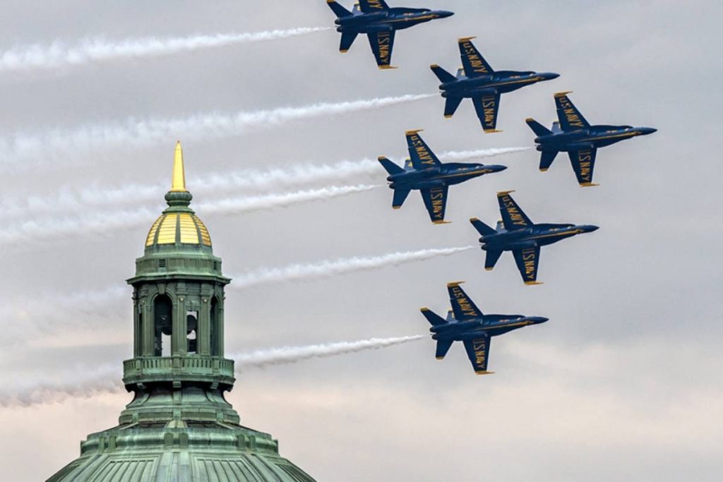 Blue Angels flying over State Building in Annapolis