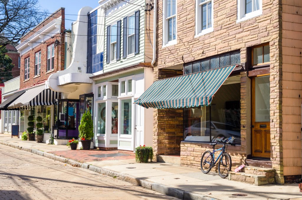 Traditional American Stores along a Cobble Street