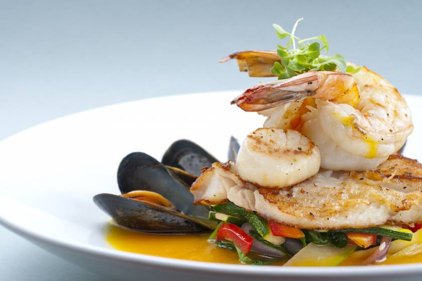  mussels, scallops, shrimp, and fish