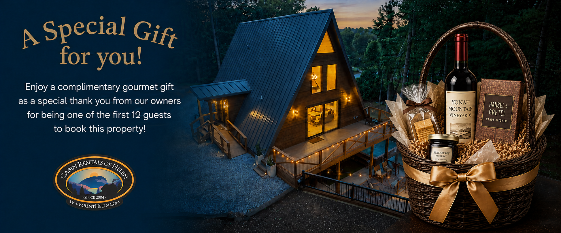 A special gourmet gift for Alpendorf A-Frame guests: complimentary gourmet gift for one of the first 12 guests to book