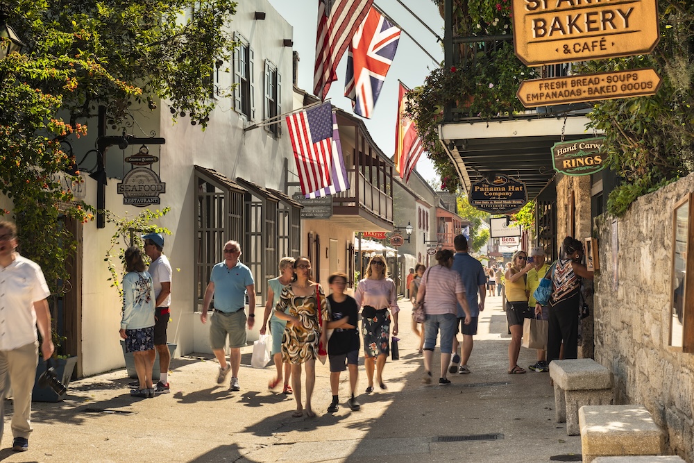 St. Augustine Florida people walk along Saint George street in the historic district