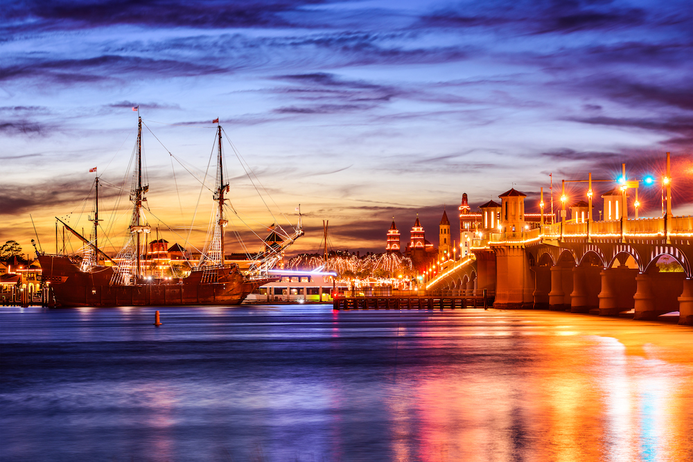 St. Augustine, Florida, USA coastal skyline at sunset.