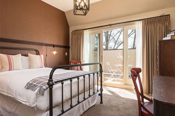 large bed in front of brown accent wall