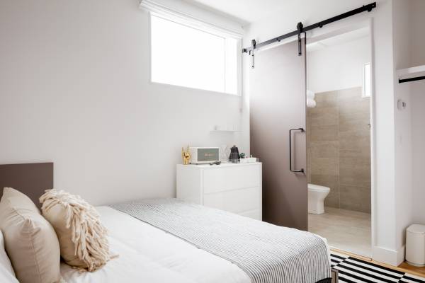 suite with barn door leading into bathroom