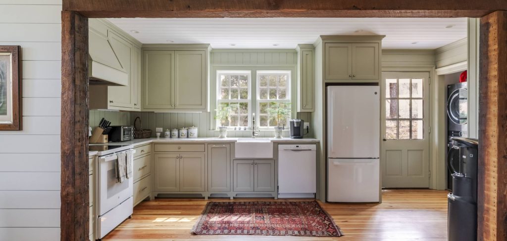 farmhouse kitchen with reclaimed wood door casing