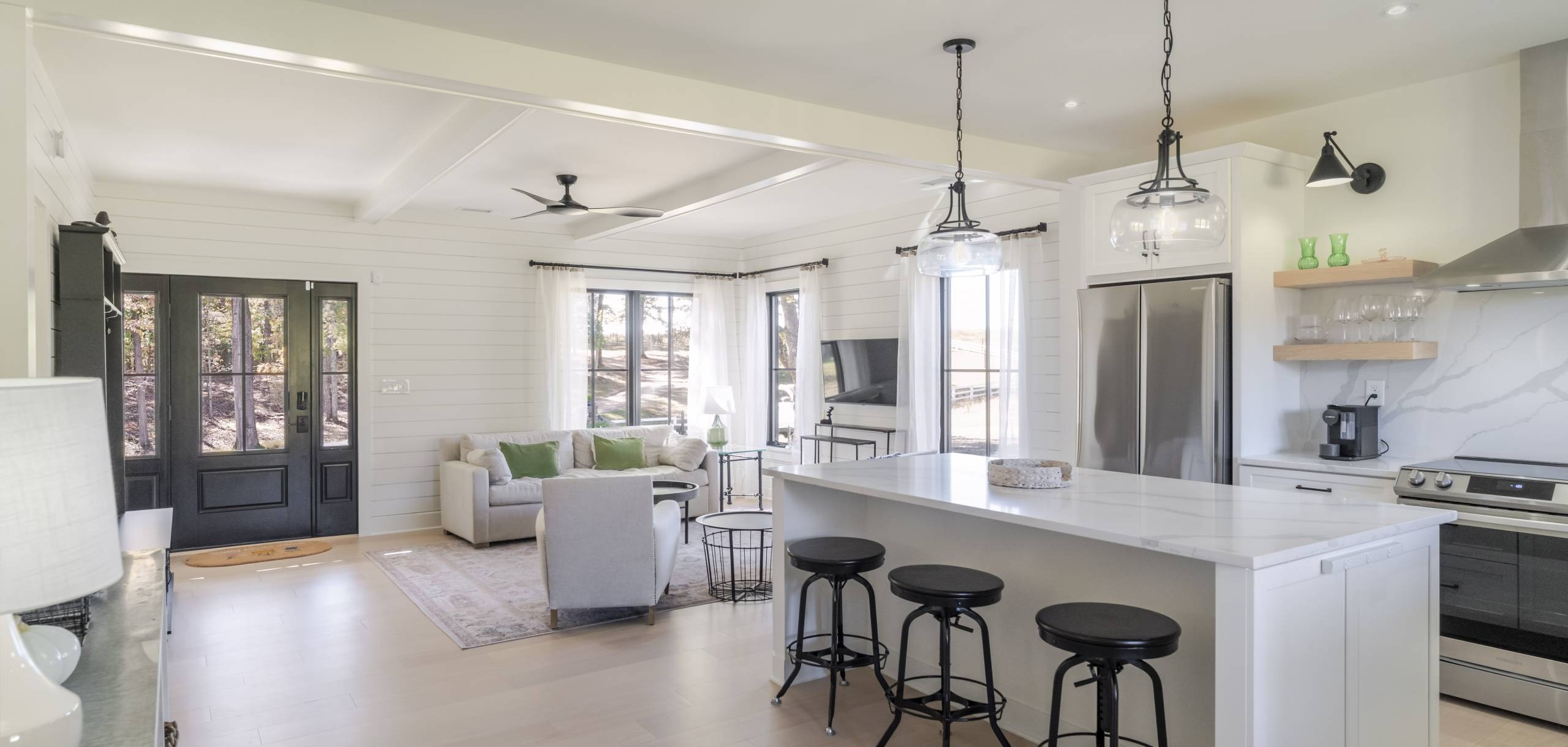 inside of a cottage in Charlottesville with a kitchen island