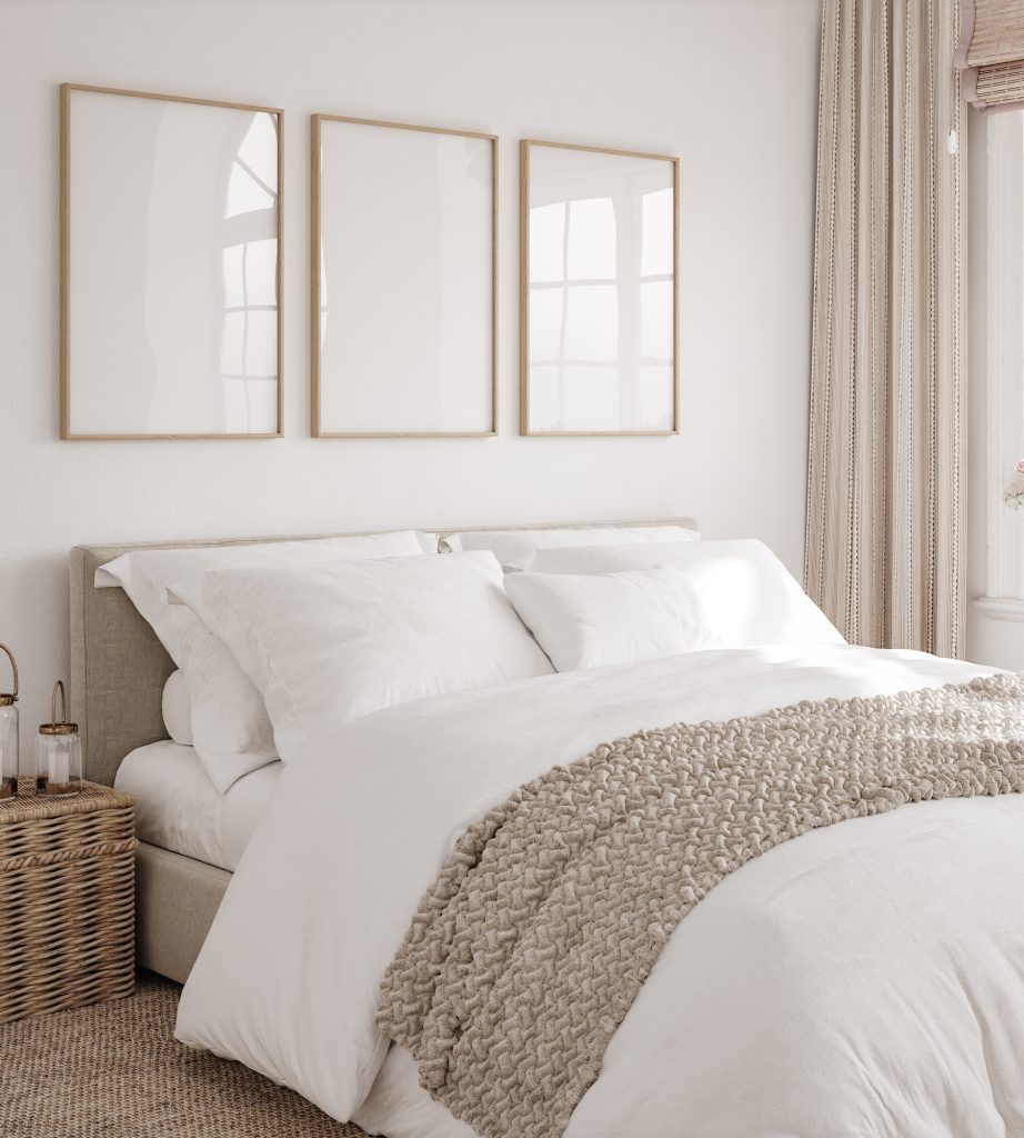 luxurious bedroom with plush bedding and beach neutral color scheme