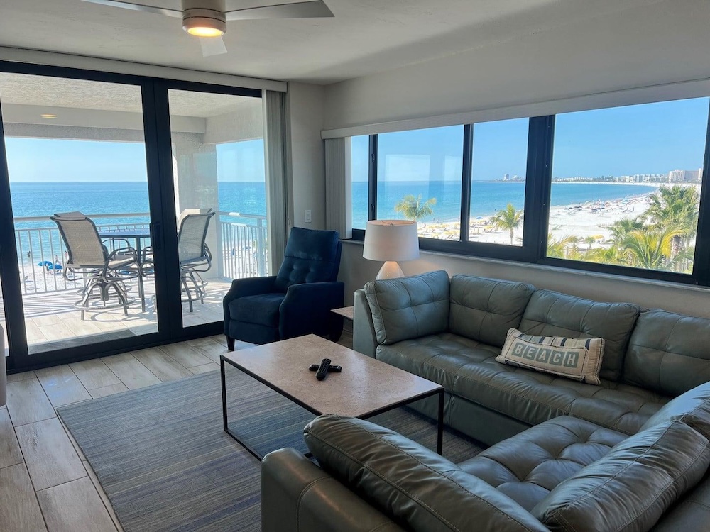 living room view inside a two-bedroom condo at siesta sands in siesta key, fl
