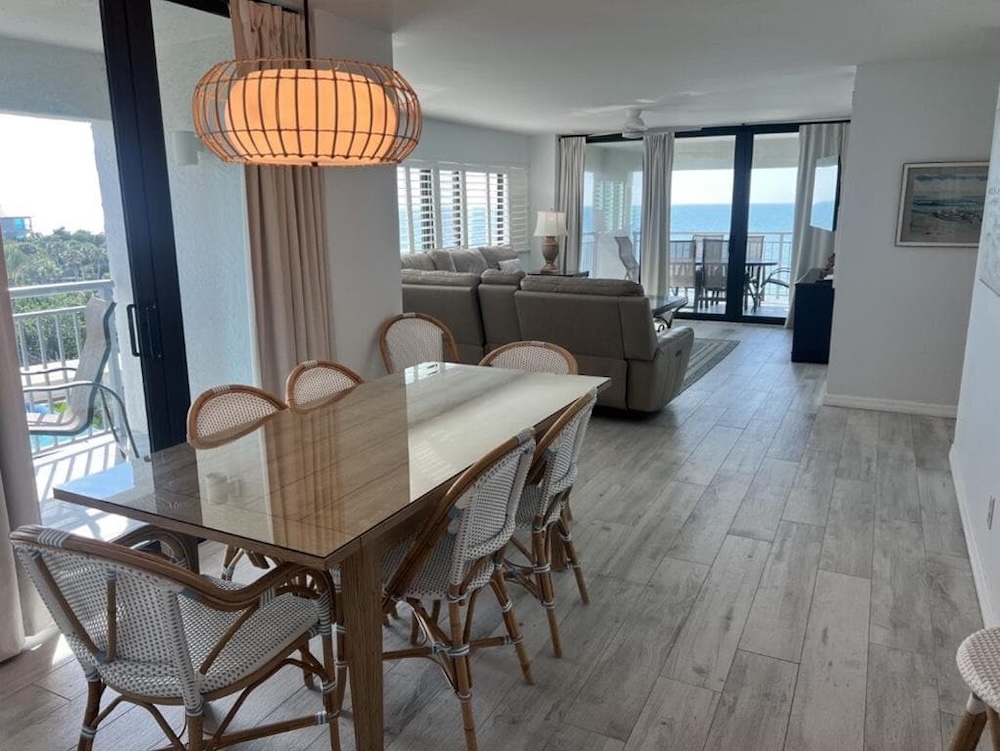 view of dining and living room of three-bedroom siesta sands condo