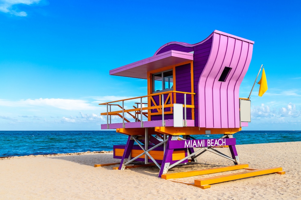 brightly colored life guard stand on Miami Beach