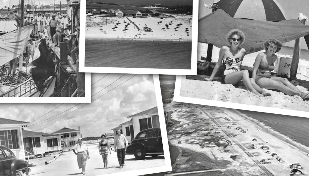 collage of black and white photos of gulf shores and orange beach depicting the history of gulf shores