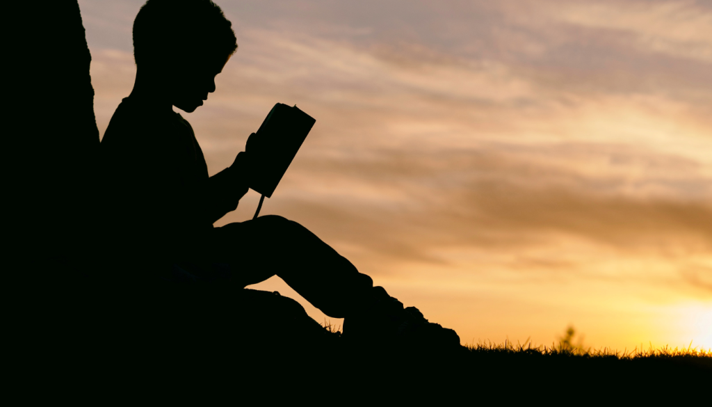boy reading a book at sunrise