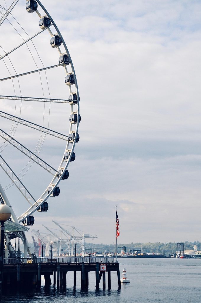 seattle, nature, america, usa, ferris wheel, city, water, washington state, american flag, pier, tourism-3429902.jpg