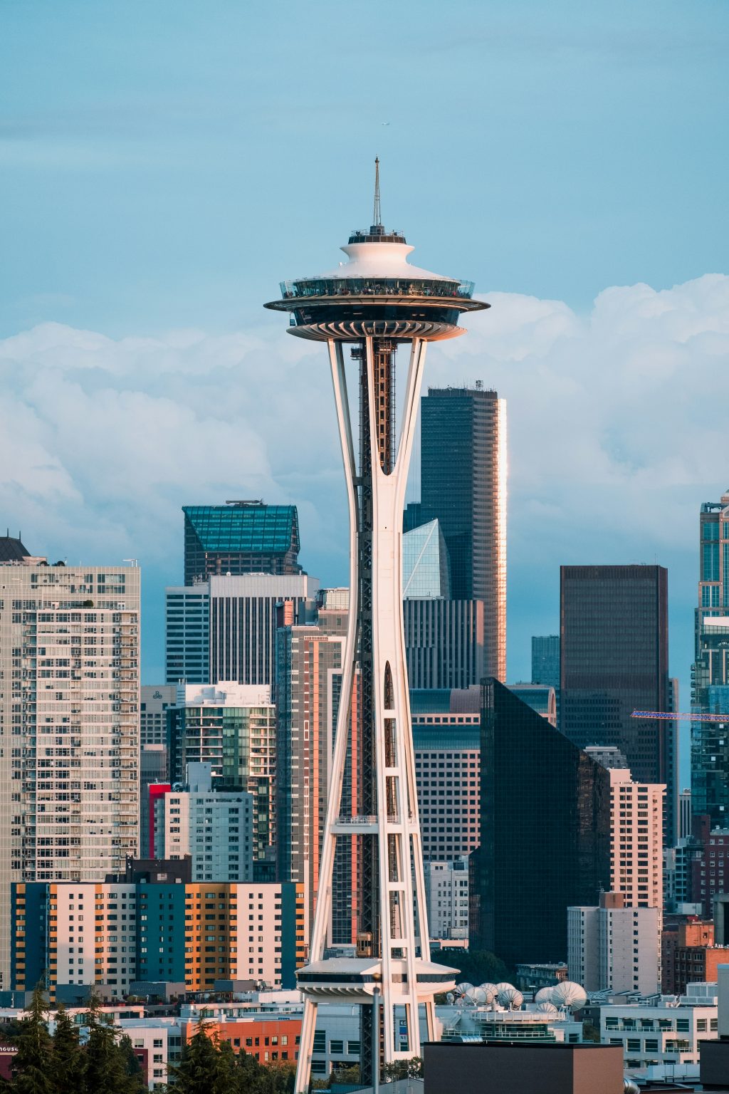 The Space Needle framed by downtown Seattle towers