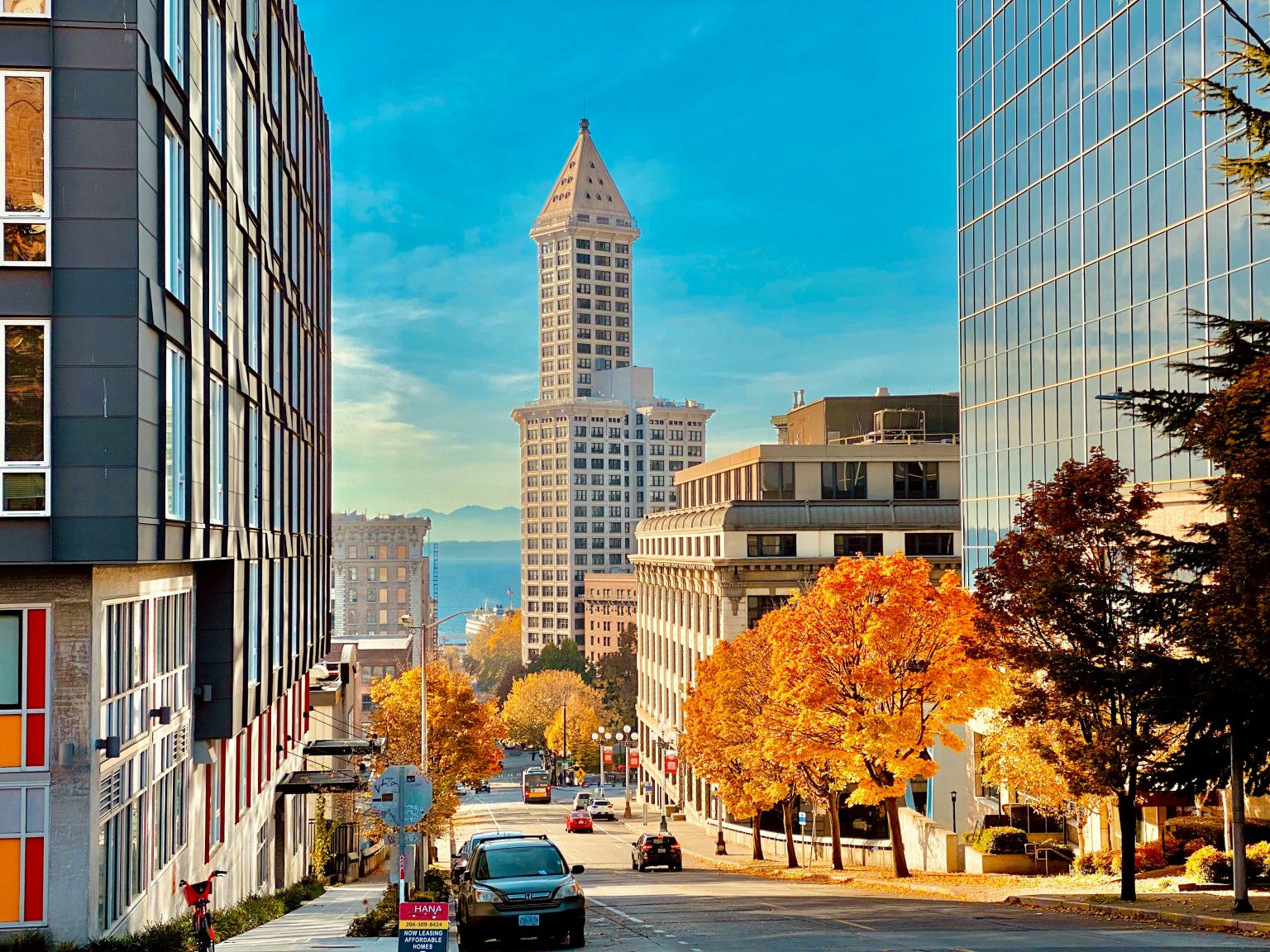 Smith Tower and Pioneer Square in Seattle in autumn