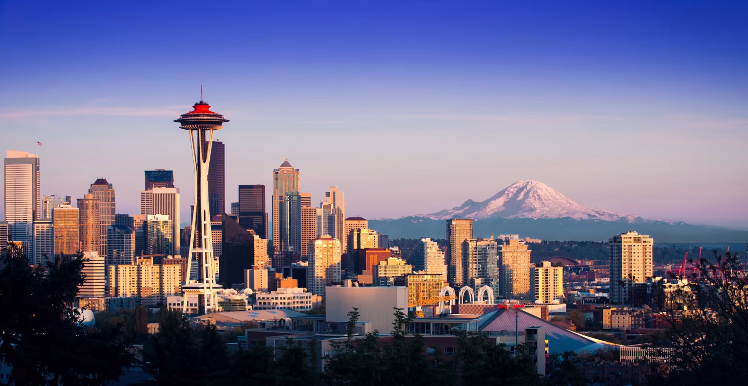 Seattle skyline with the Space Needle and Mount Rainier in the distance