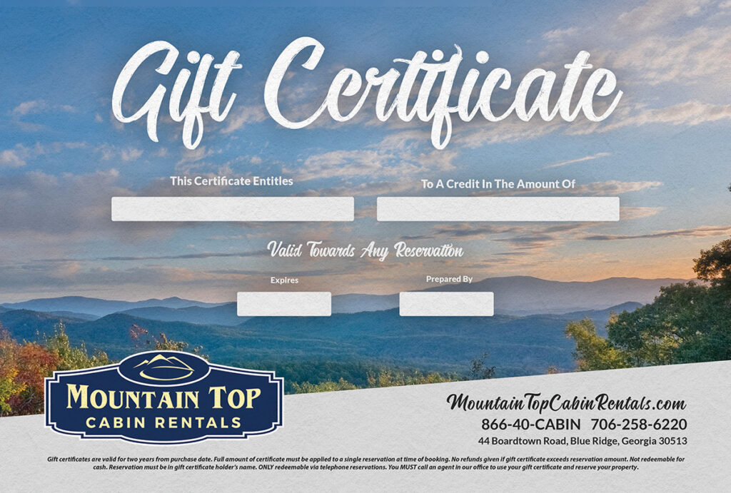 Cabin Rental Gift Certificates