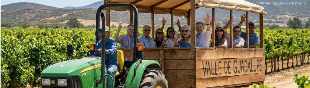 Paseo en tractor por los viñedos del Valle de Guadalupe durante el tour San Felipe Wine Express