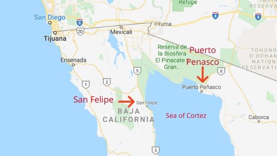 Mapa que muestra San Felipe y Puerto Peñasco