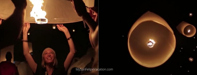 Lanzamiento de linternas del cielo en la playa por la noche en San Felipe, México