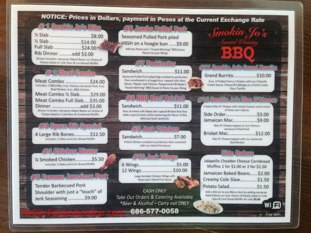 Smokin jo's BBQ San Felipe - Menú