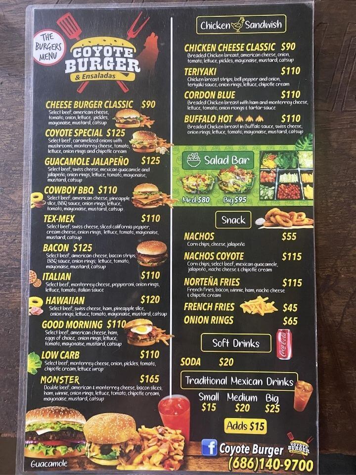 Coyote Burger y Ensalada San Felipe - Menú en Inglés