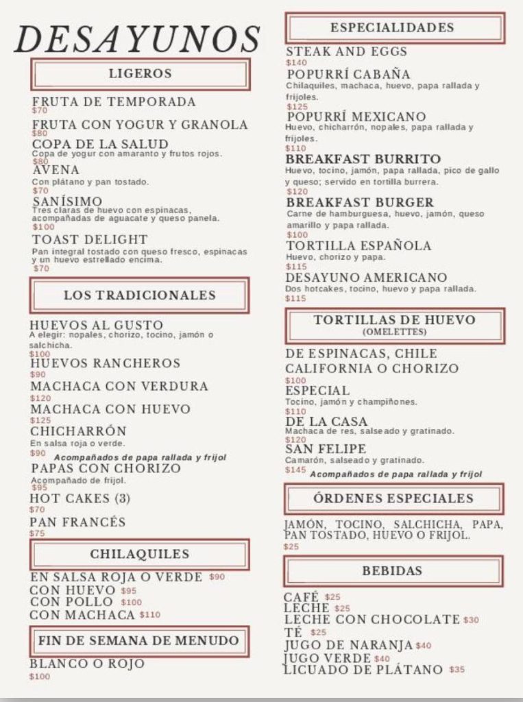 Restaurante la Cabana San Felipe - Menú desayuno