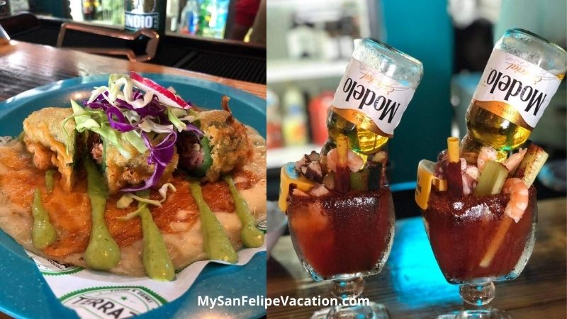 Tacos de camarón en el restaurante de comida de mar Dos Mares San Felipe