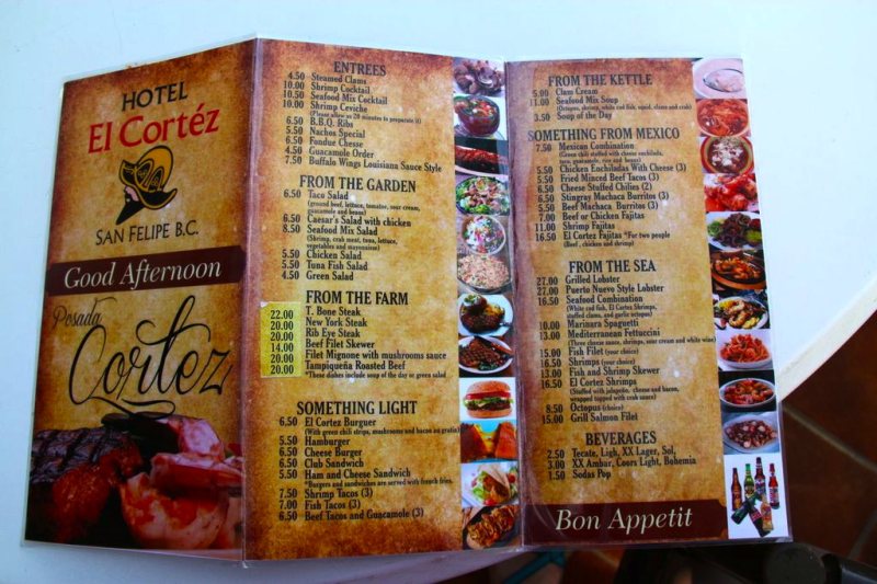 Menú del Restaurante El Cortez San Felipe