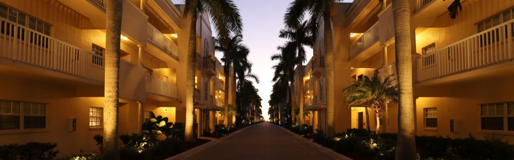 A serene pathway lined with palm trees and illuminated buildings, creating a warm evening ambiance.