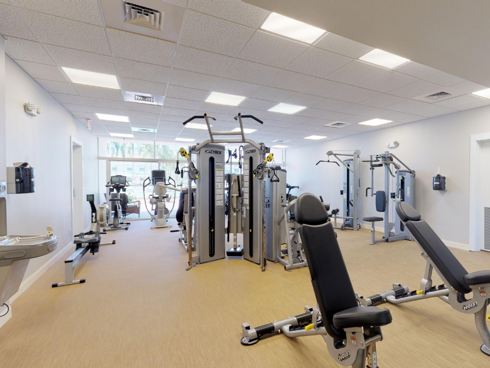 A modern gym interior featuring various exercise machines, weights, and cardio equipment in a well-lit space.