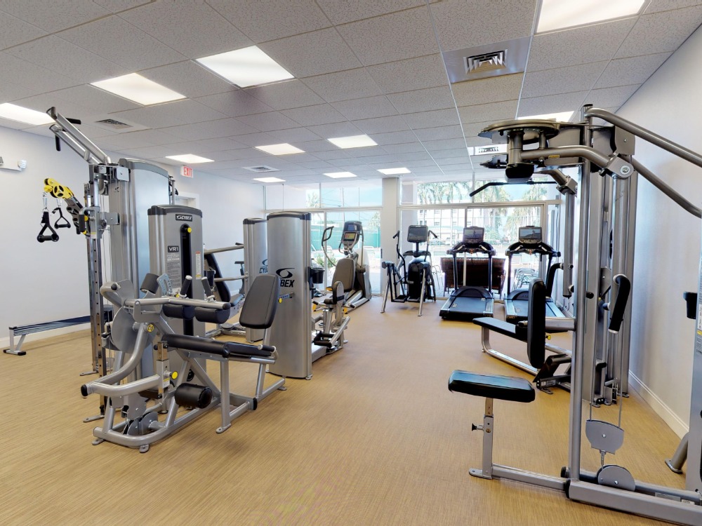 A modern gym interior featuring various exercise machines, including treadmills and weight equipment, with natural light from large windows.