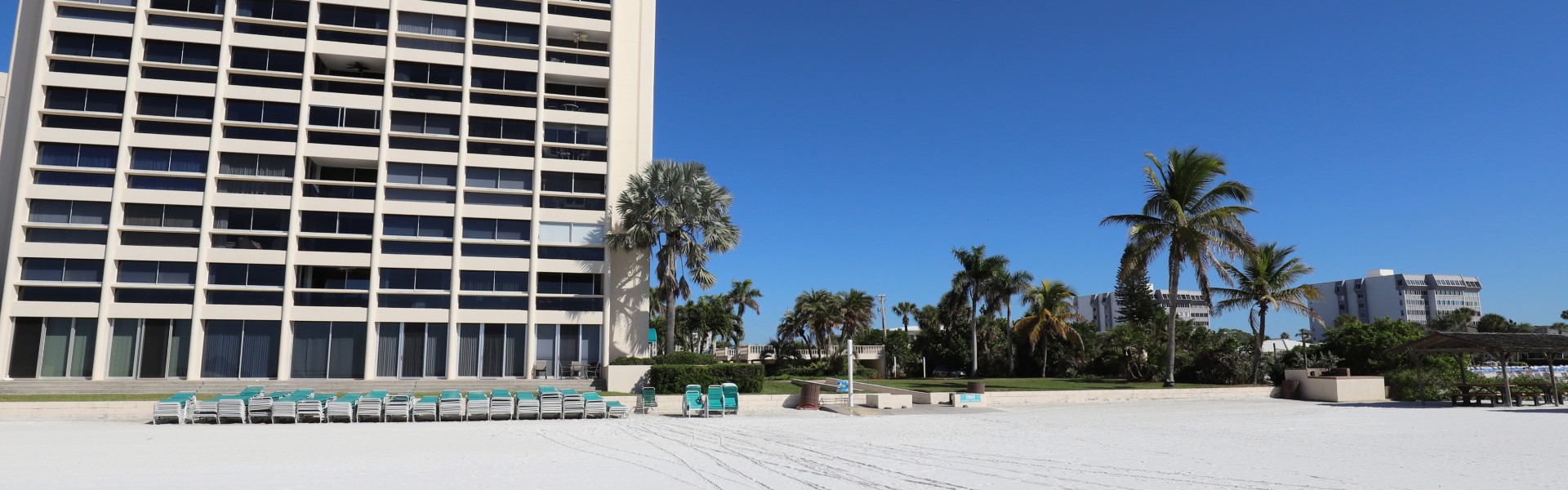 A beachfront view featuring a tall building, palm trees, and lounge chairs on white sand under a clear blue sky.
