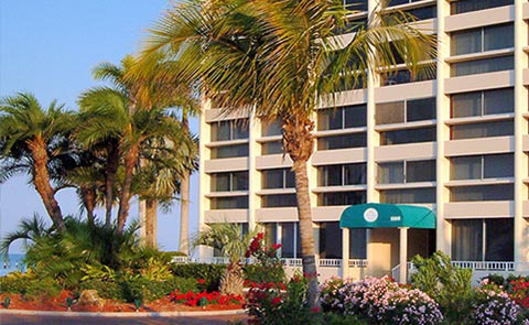 jqg_1556313467-0 A tropical scene featuring a multi-story building surrounded by palm trees and colorful flowers.