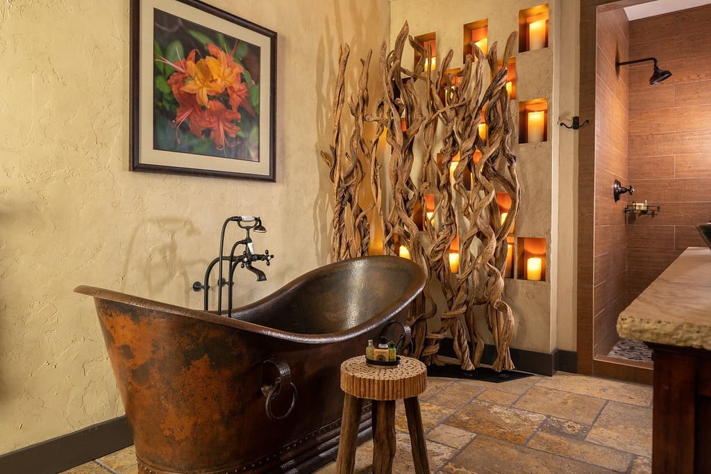 wood sculpture in bathroom